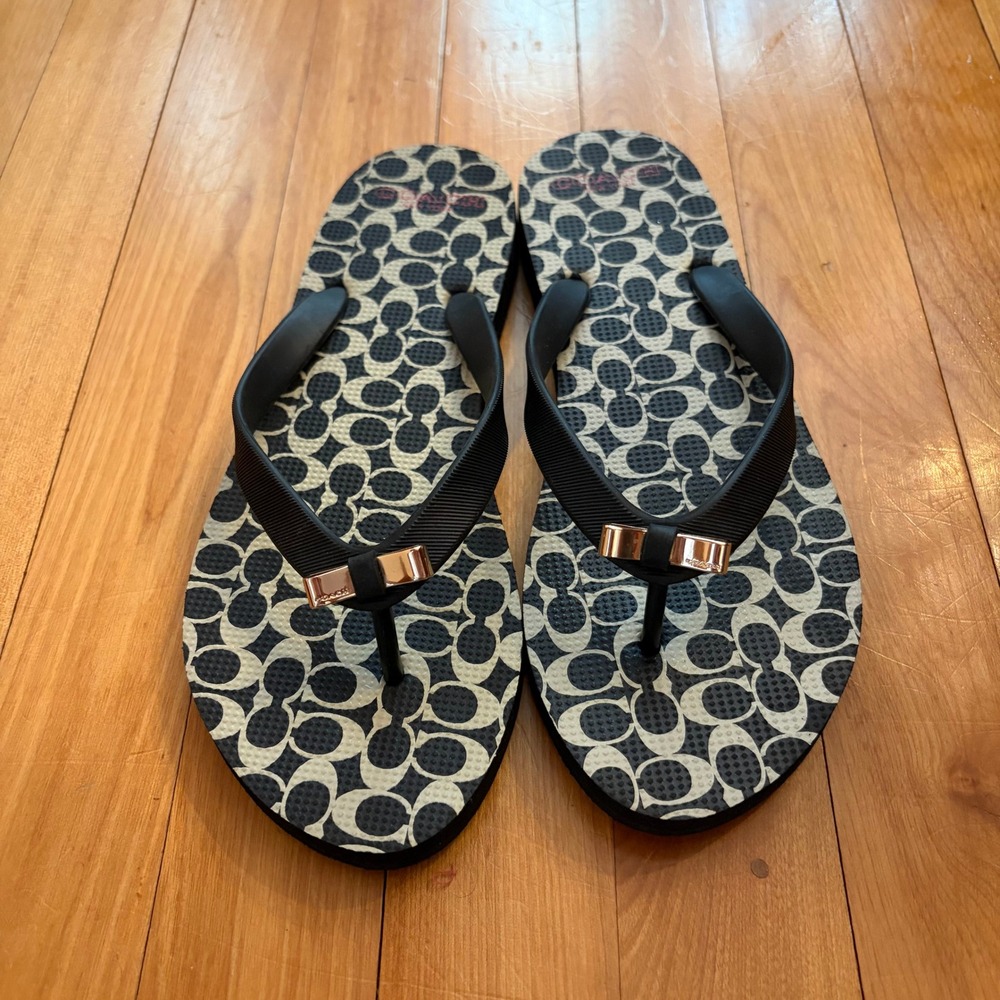Coach Womens Signature Monogram Flip Flops Black White Gold Hardware Size 7-8